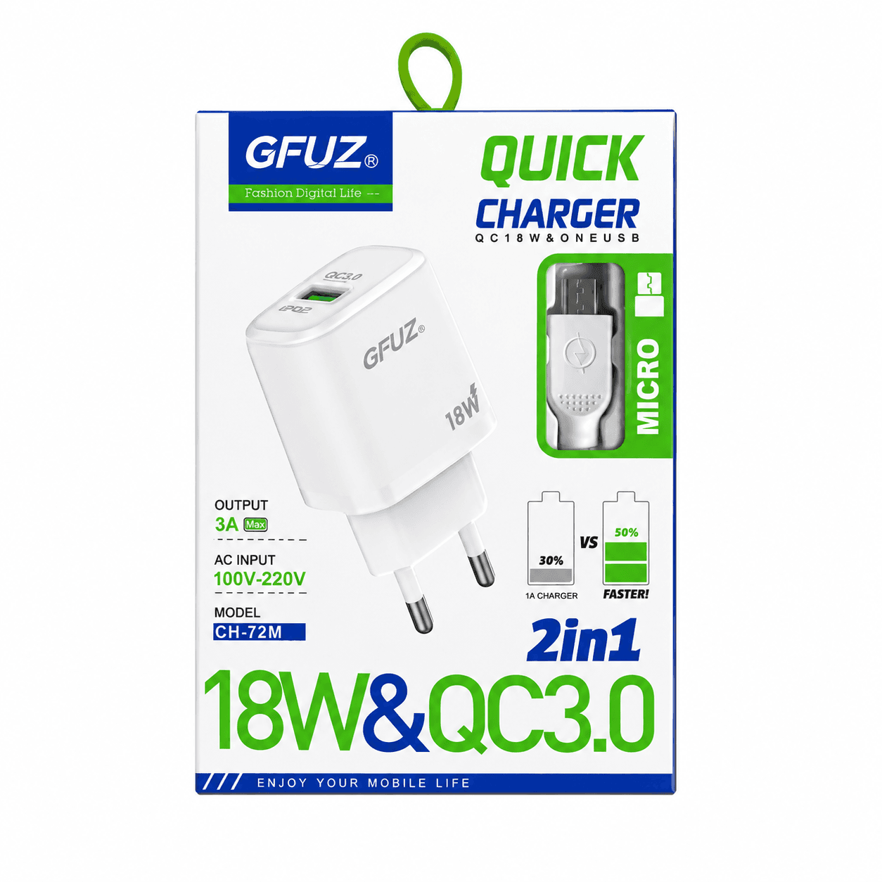 شاحن سريع GFUZ بتقنية QC3.0 بقوة 18 واط مع كابل Micro USB – موديل CH-72M