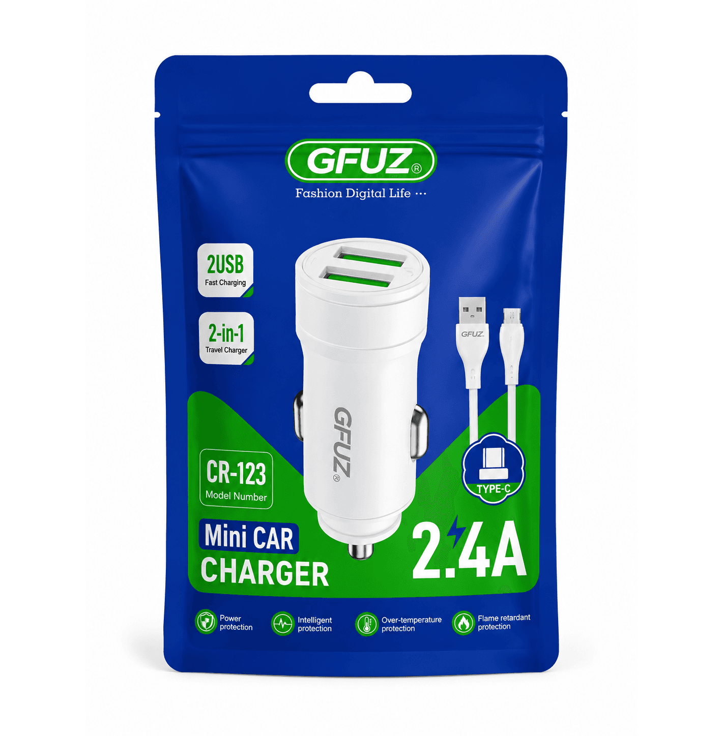 شاحن سيارة GFUZ CR-123 منفذان USB 2.4A مع كابل Type-C