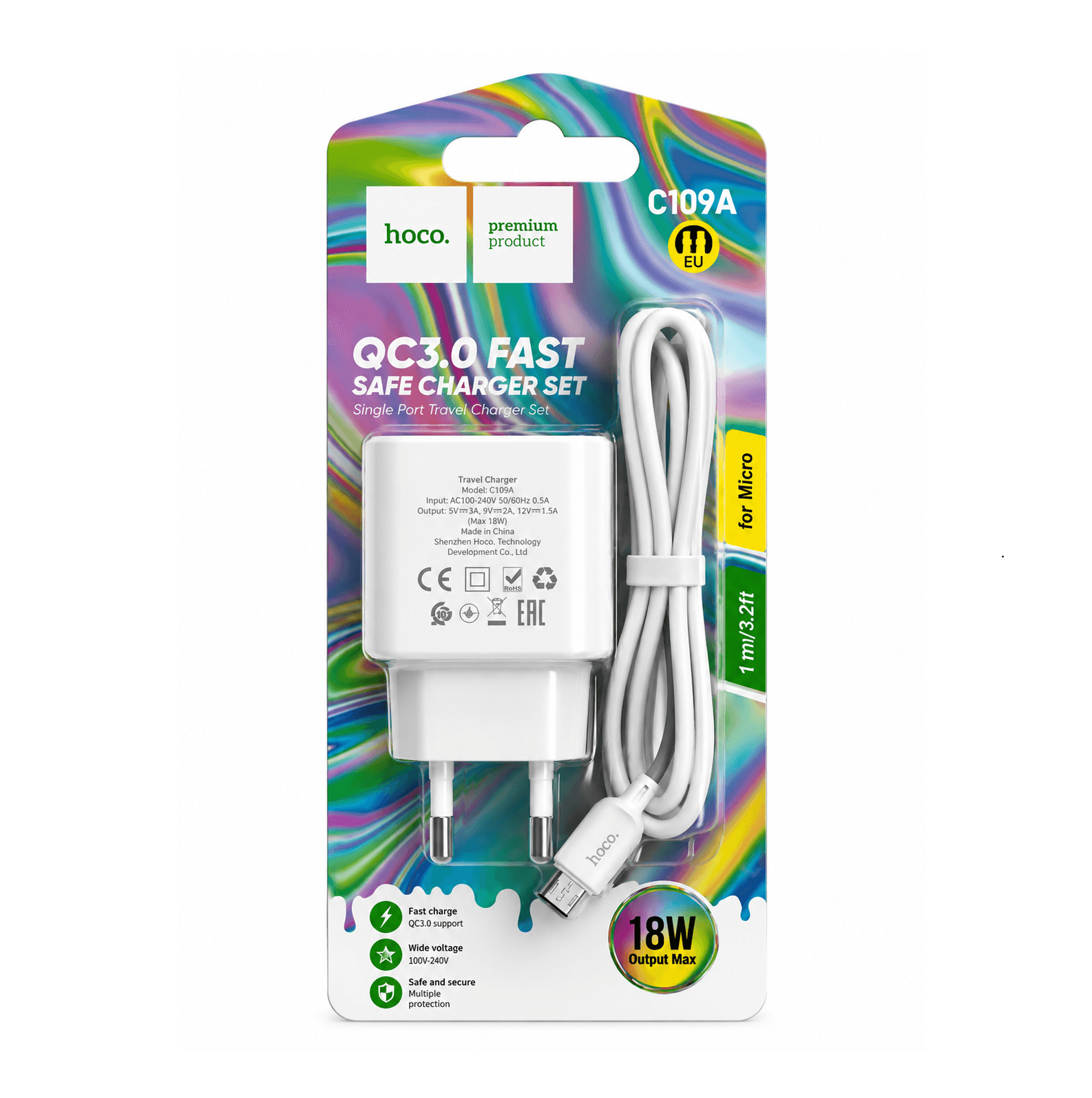 هوكو C109A – شاحن سريع QC3.0 بقدرة 18 واط مع كابل Micro-USB