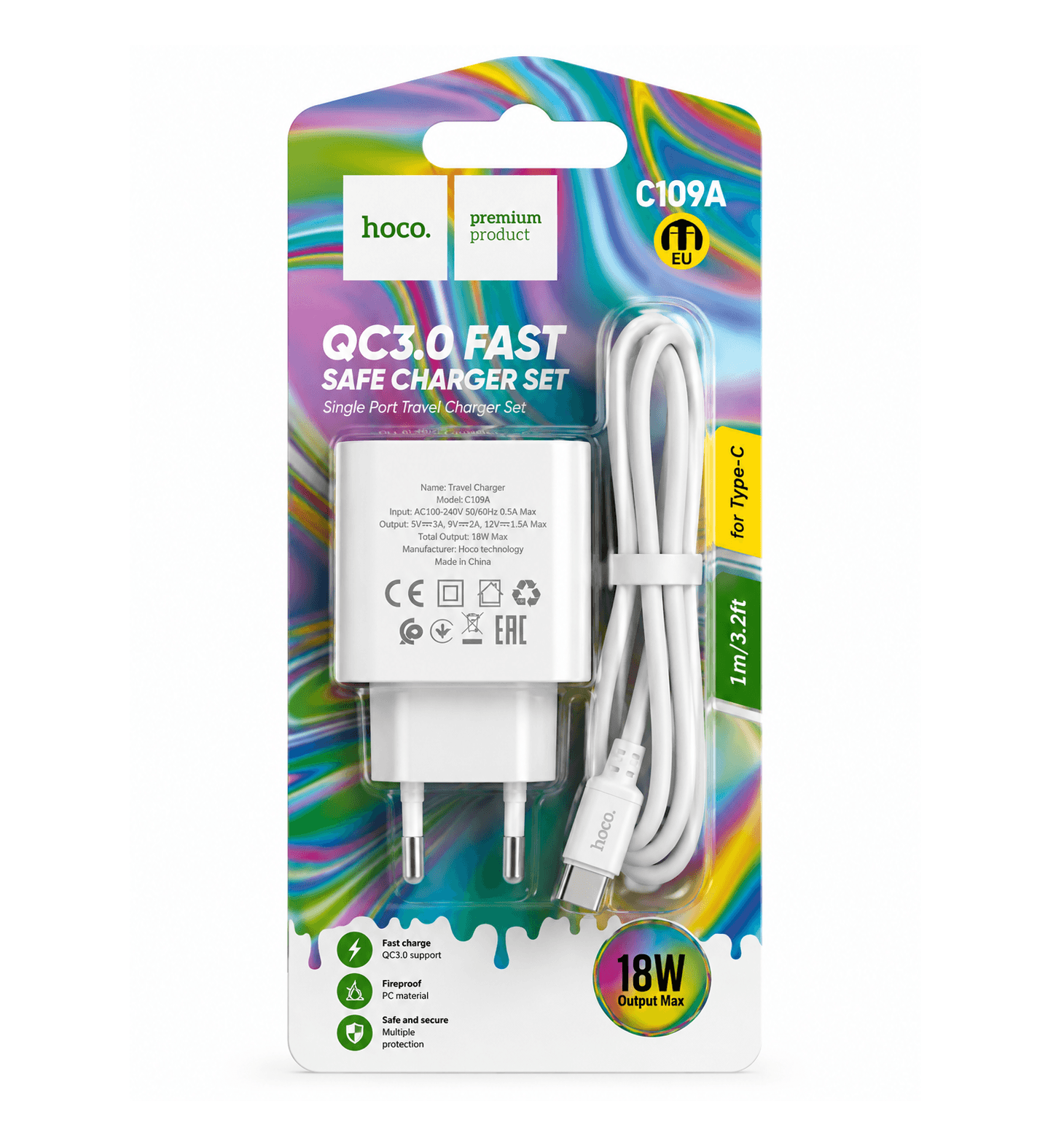 هوكو C109A – شاحن سريع QC3.0 بقوة 18 واط مع كابل Type-C