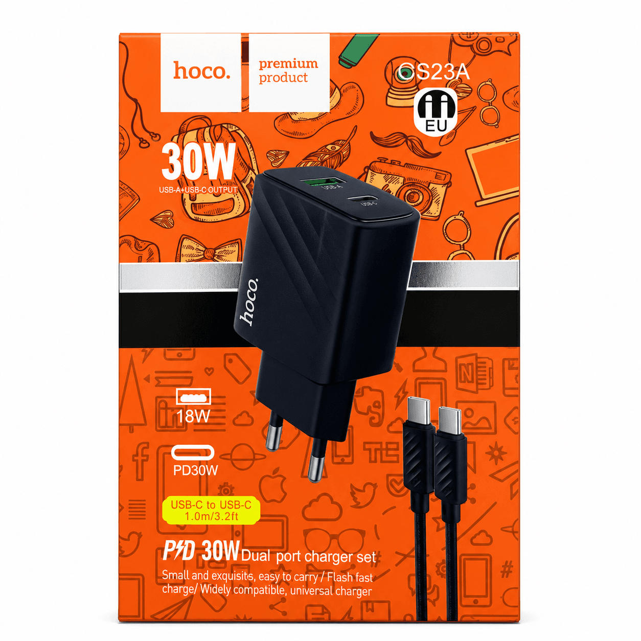 هوكو CS23A – شاحن مزدوج PD 30W مع كابل USB-C