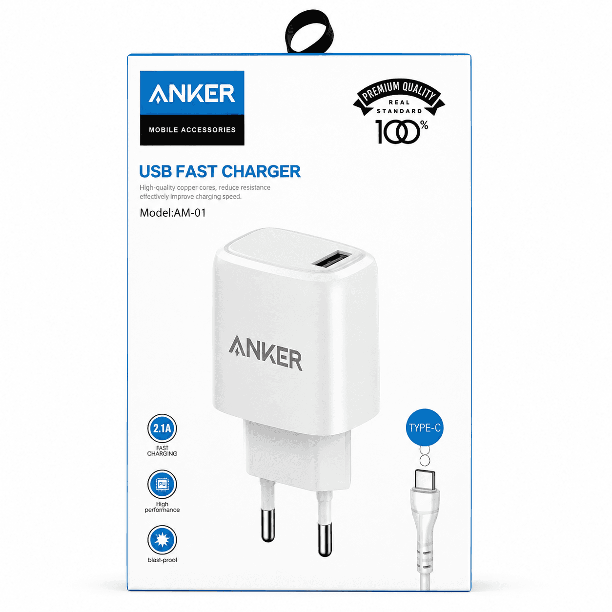 شاحن أنكر سريع USB 2.1A مع كابل Type-C (AM-01)