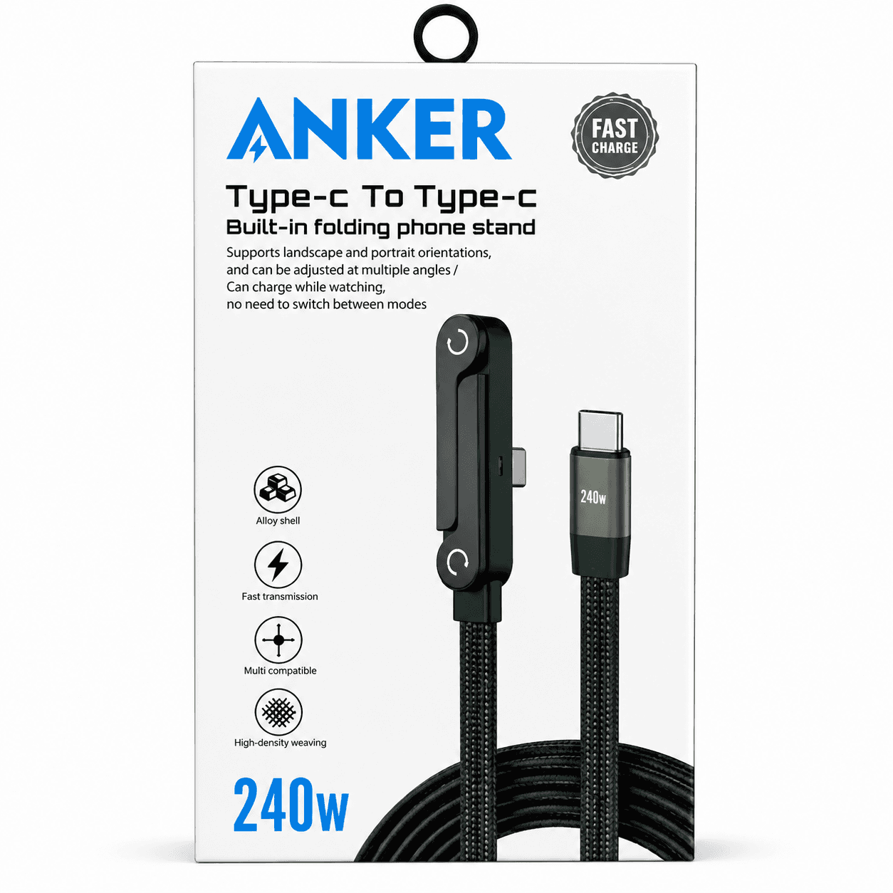 كابل USB-C إلى USB-C من أنكر 240 واط مع حامل هاتف مدمج