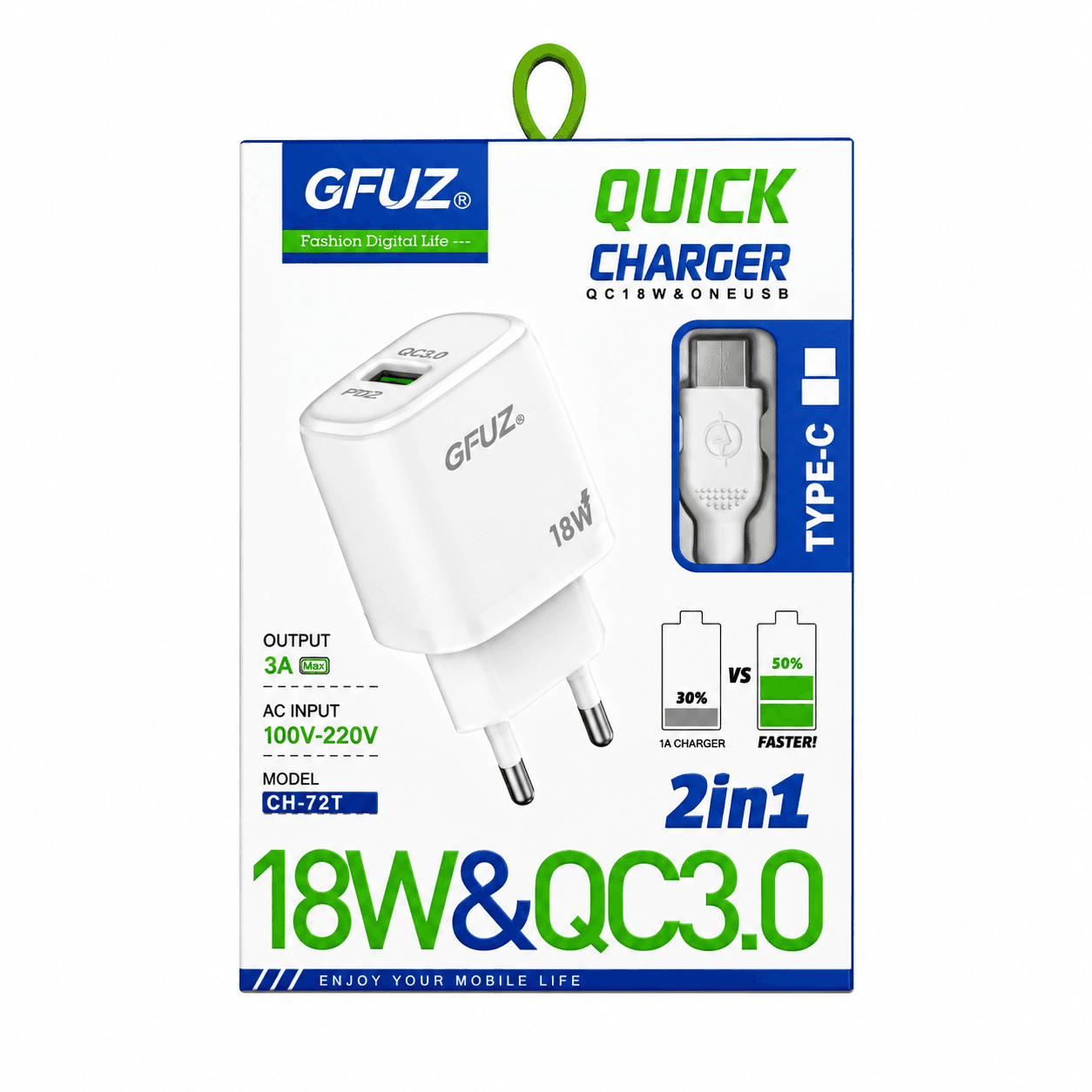 شاحن سريع GFUZ QC3.0 18W مع كابل Type-C